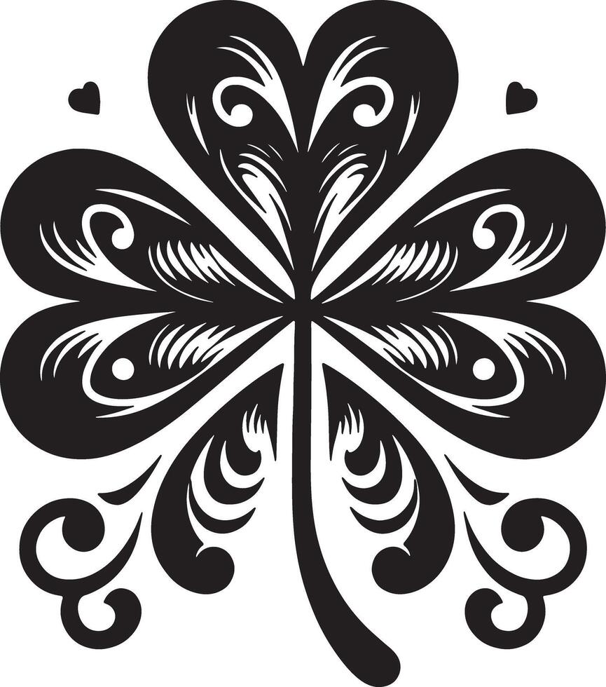 A black and white four leaf clover with swirls vector