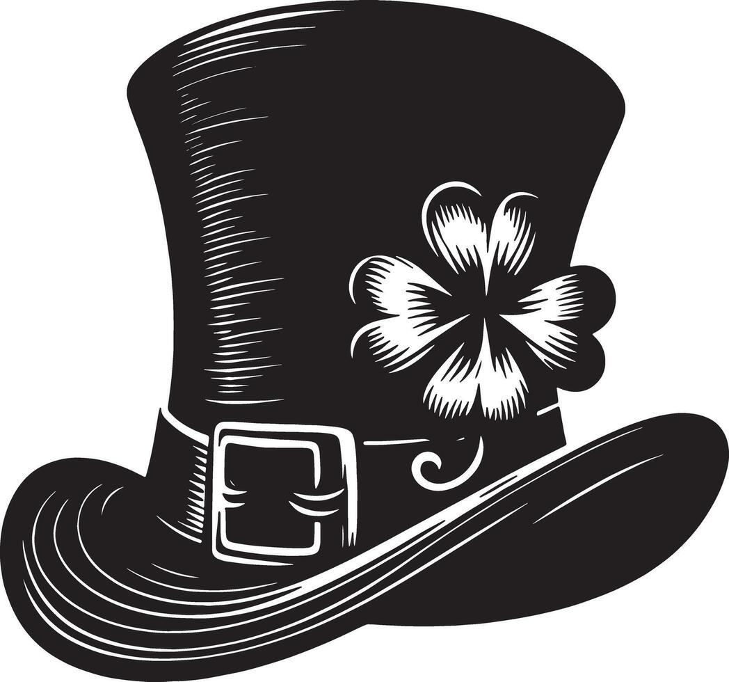 A black and white illustration of a top hat with a clover vector