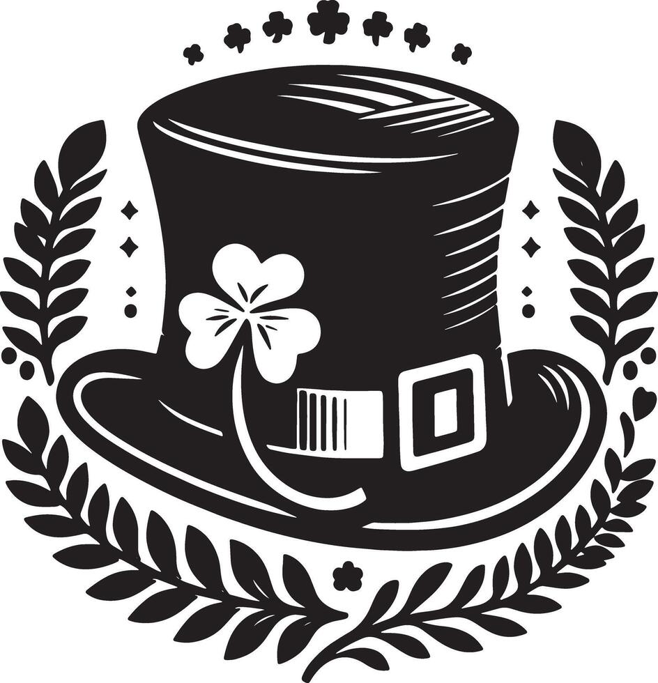 A black and white illustration of a hat with a shamrock vector