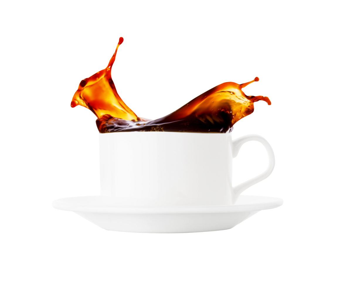 Coffee splash in a white cup on transparent background png