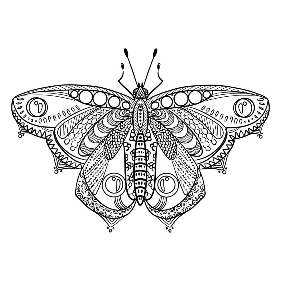 Intricate butterfly illustration with detailed patterning. Black and white outline drawing for coloring pages and designs vector