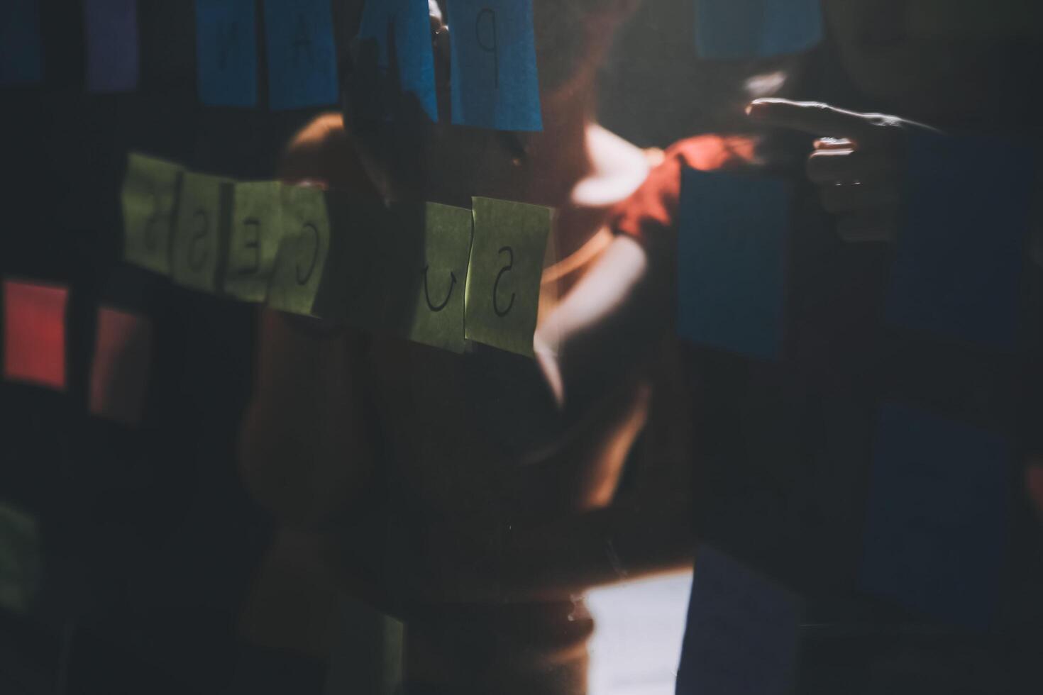 A woman is looking at a post it note board photo