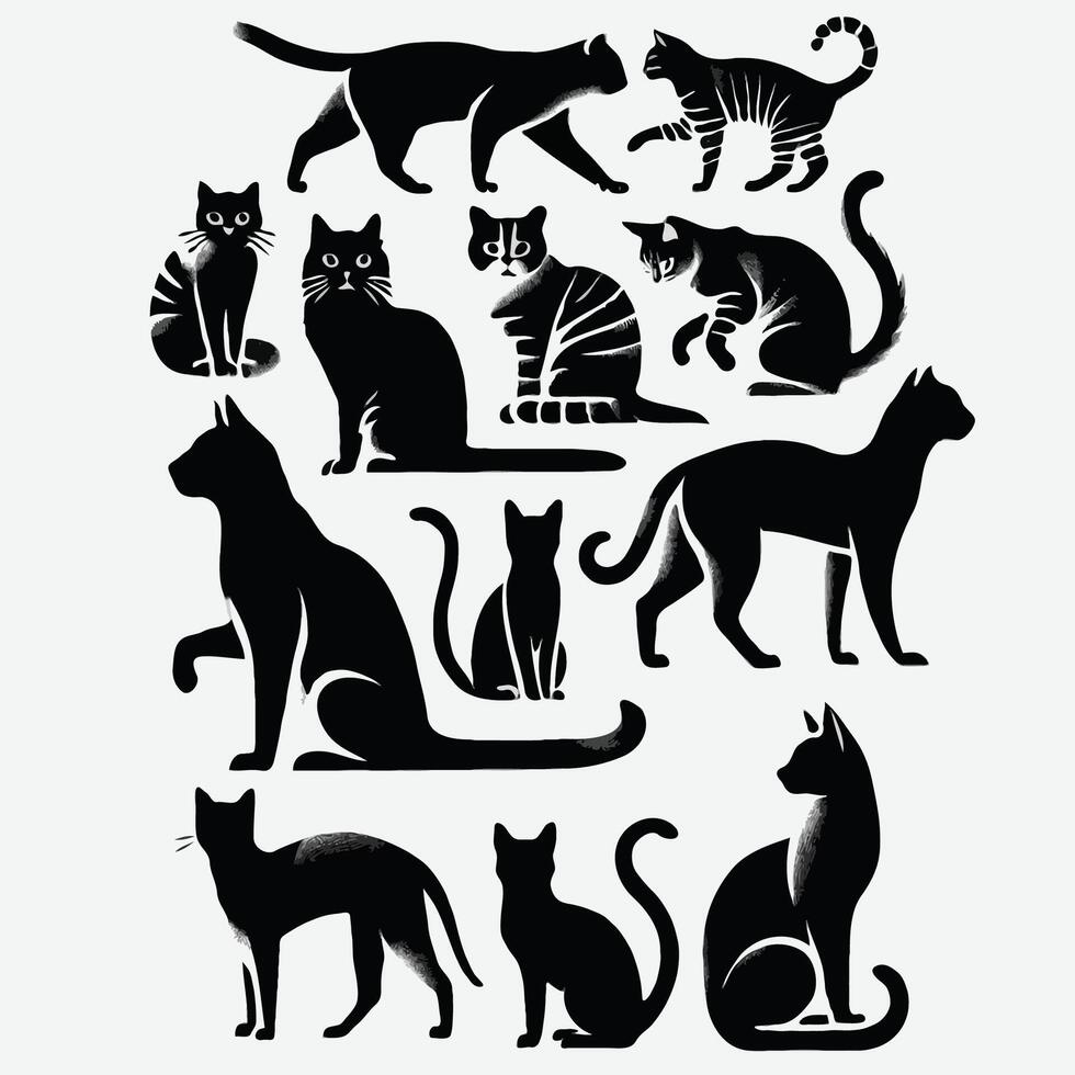 Collection of black cats, Big set of cats. Set of black cats silhouettes isolated on white background, seamless pattern cats vector