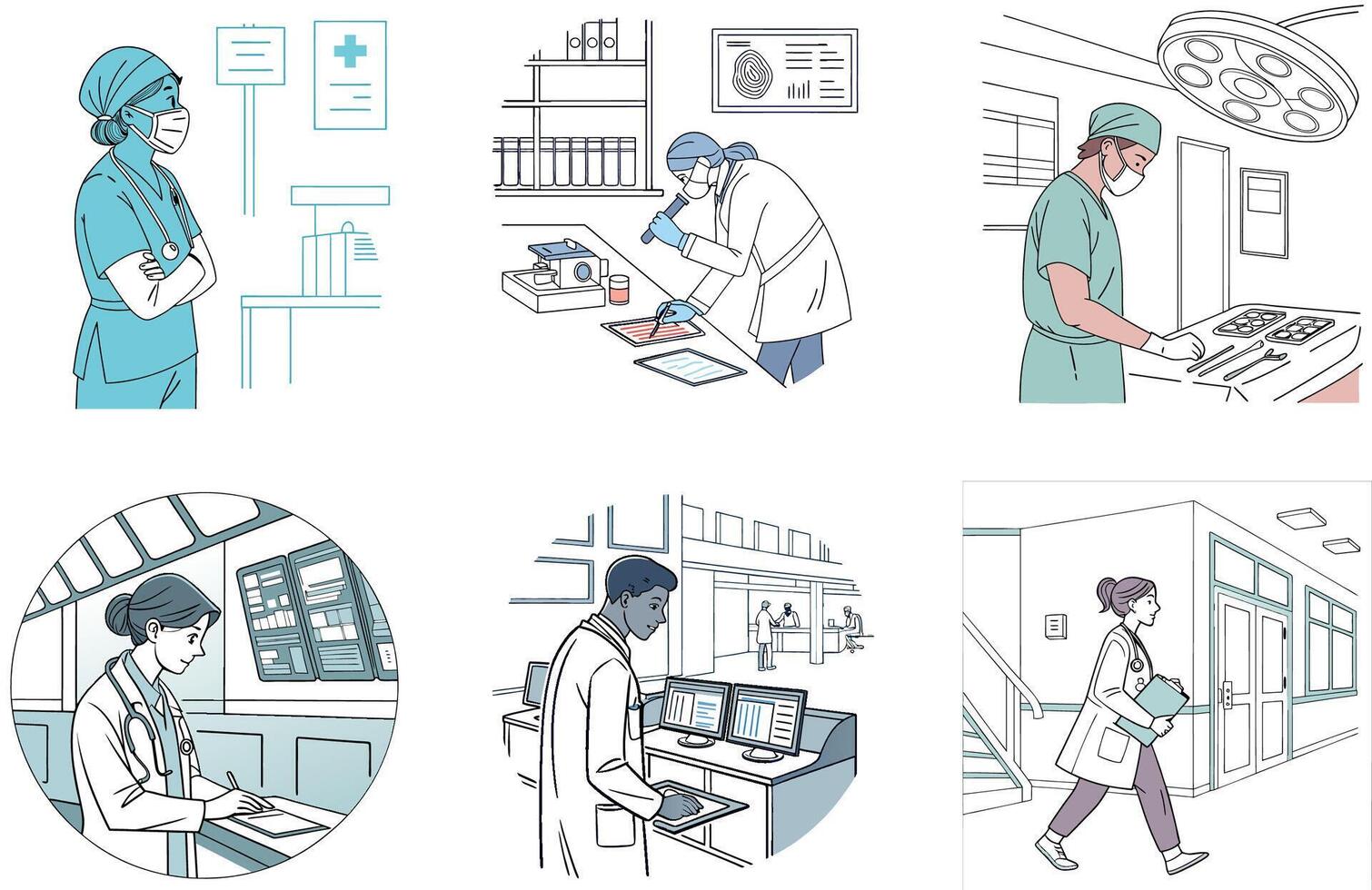 Hospital Teamwork Medicine Bundle. A Diverse Professionals Collection Illustrations vector