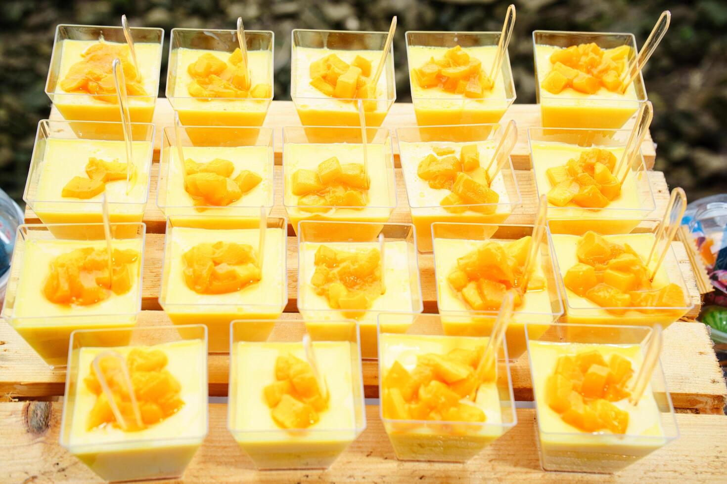 a tray of mango cream dessert photo