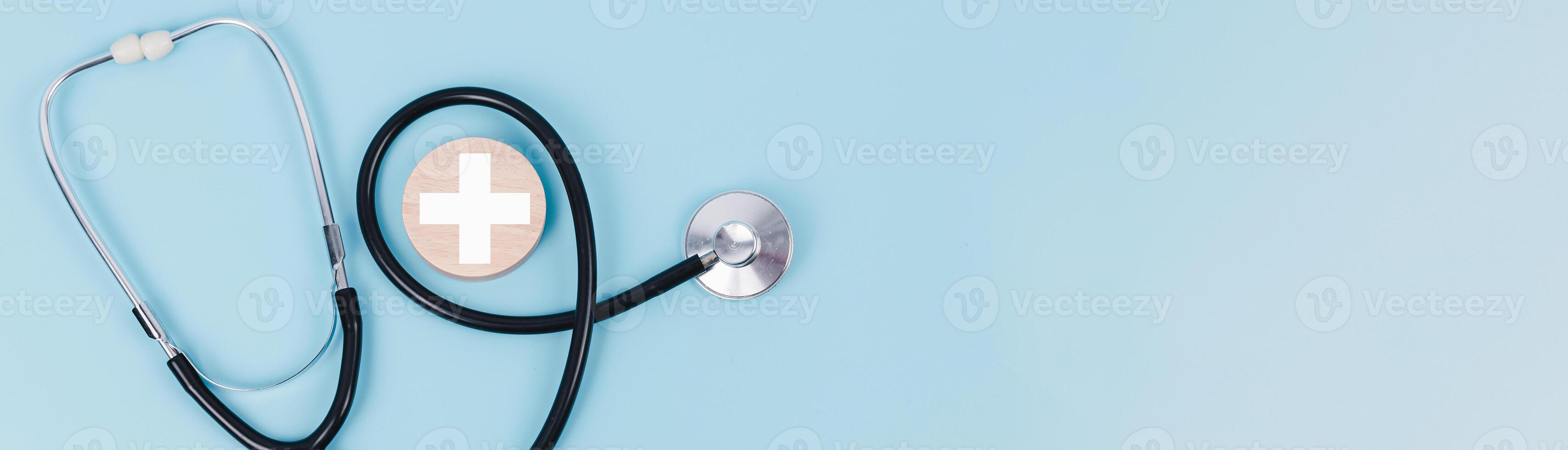 Minimal design with medicine equipment stethoscope on pastel blue background, Health care life insurance and Hospital life insurance concept, Instrument device for doctor, Medical instrument photo