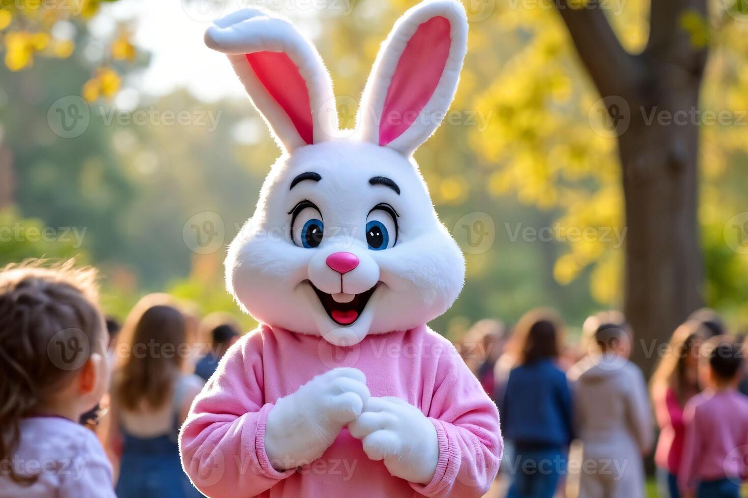 a bunny in a pink outfit is standing in front of people photo