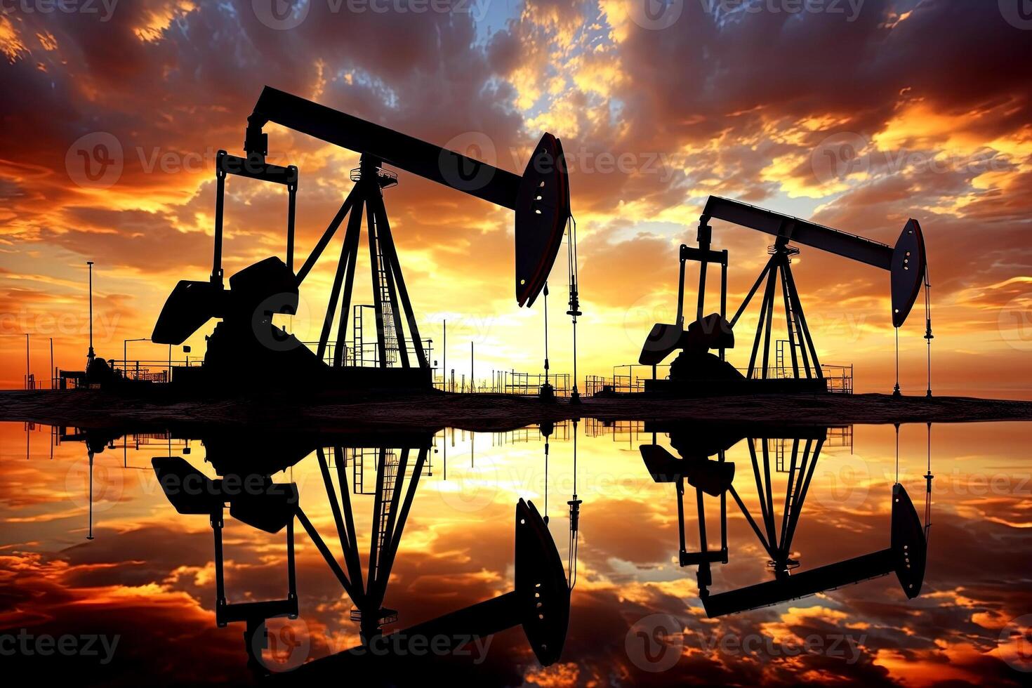 Oil pumps in the setting sun. Oil industry equipment. photo