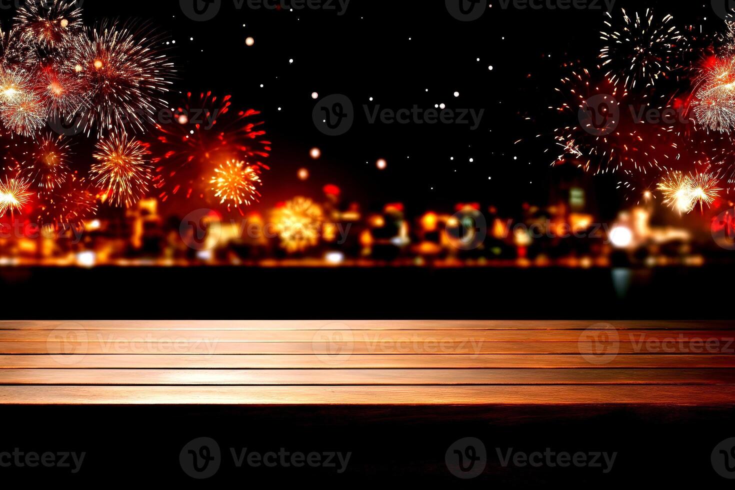 Wooden table with fireworks and cityscape bokeh background. photo