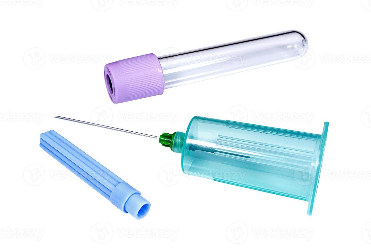 Vacutainer with vacuum test tube on white background closeup photo