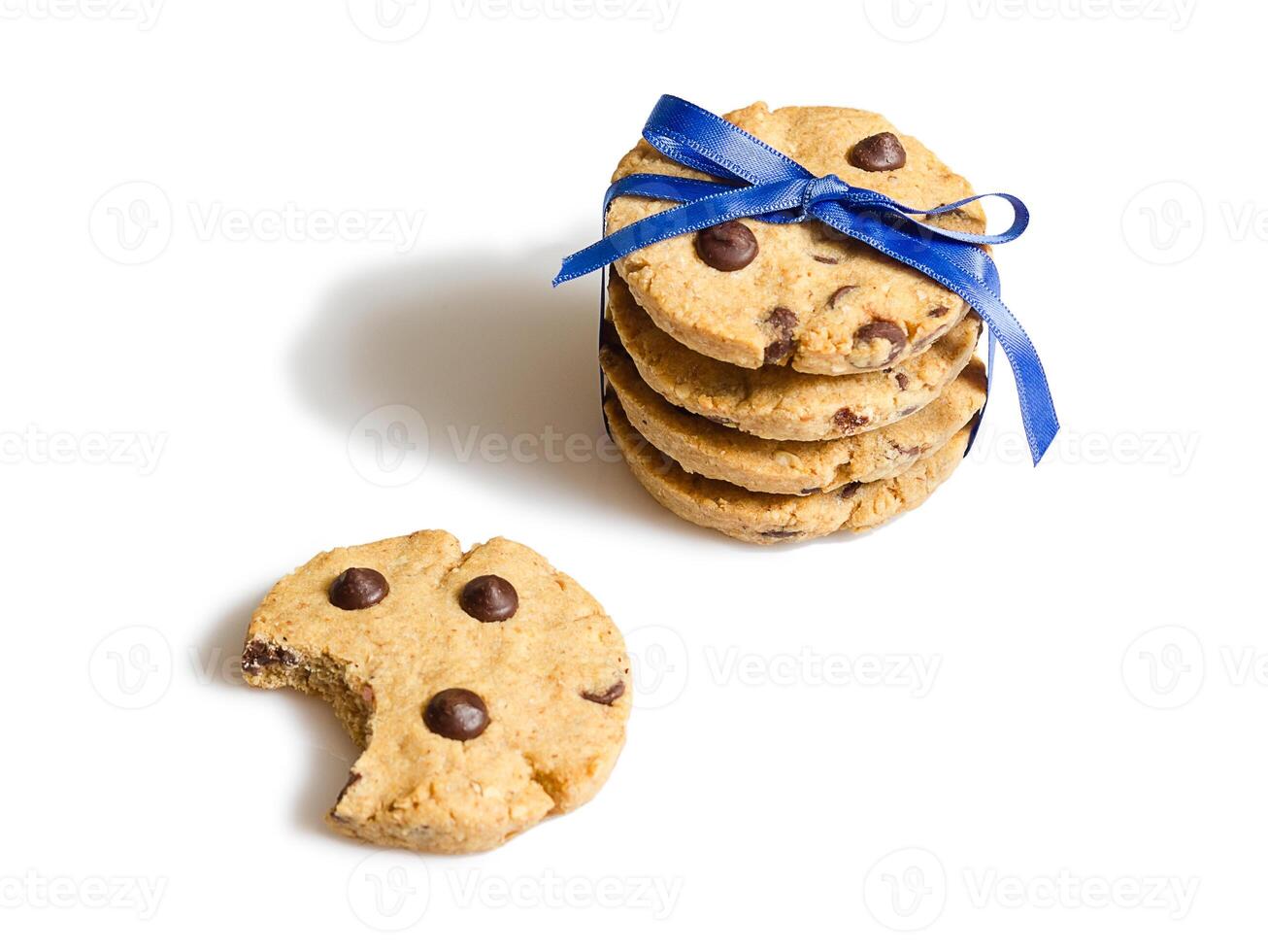 Closeup of chocolate chip cookies isolated on white background photo