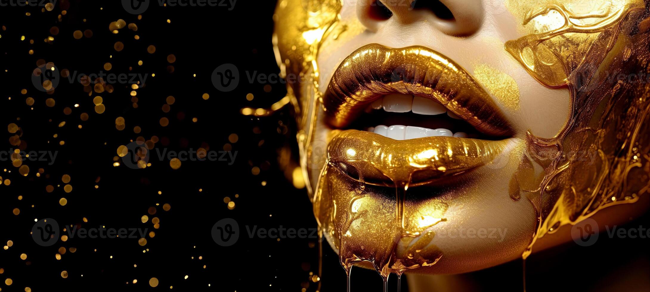 Golden lips with gold paint on a black background, panoramic image photo