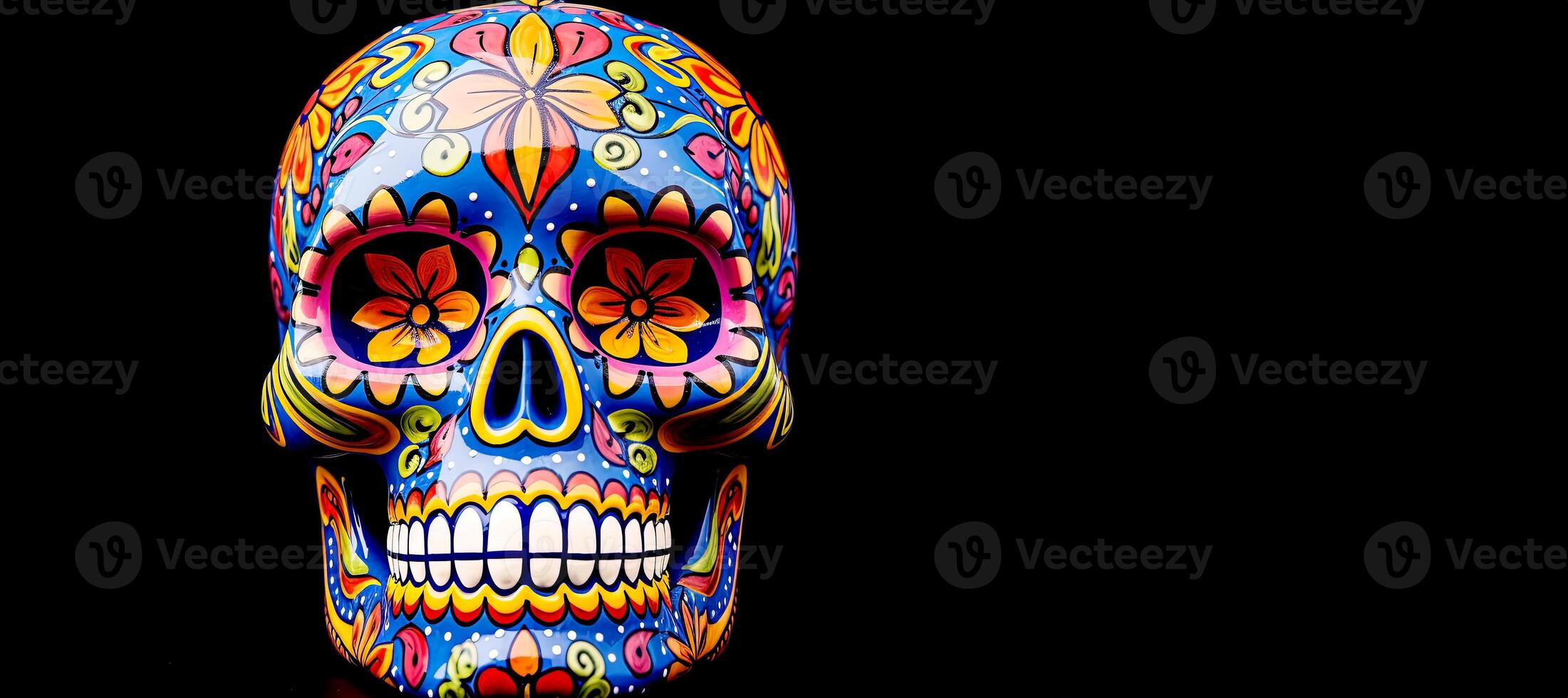 Color sugar skull on black background, panoramic layout. photo