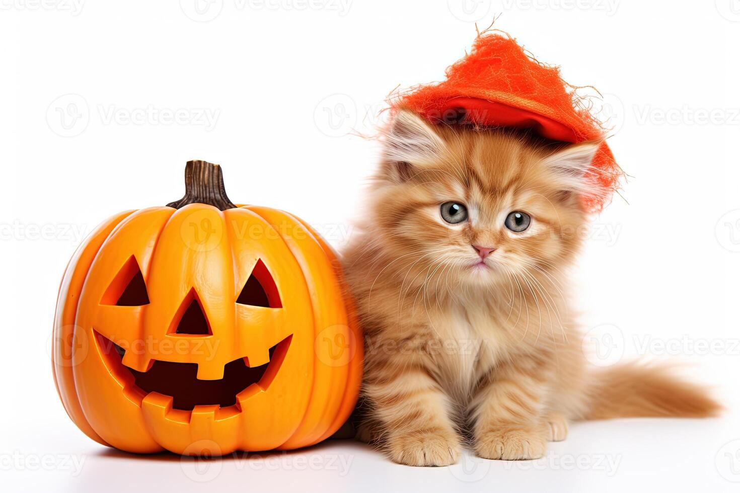 ginger kitten and pumpkin on white background photo