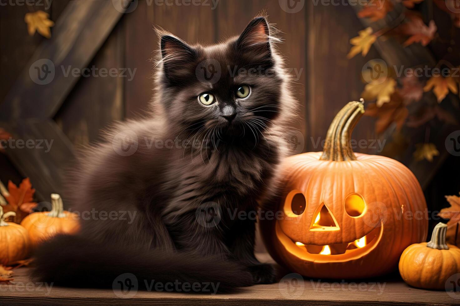 cute black kitten and pumpkin on black background, halloween postcard. photo