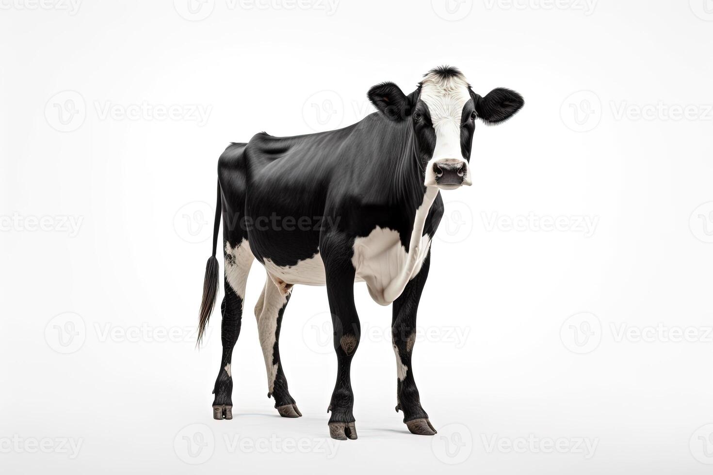 A black and white cow standing in front of a white background photo