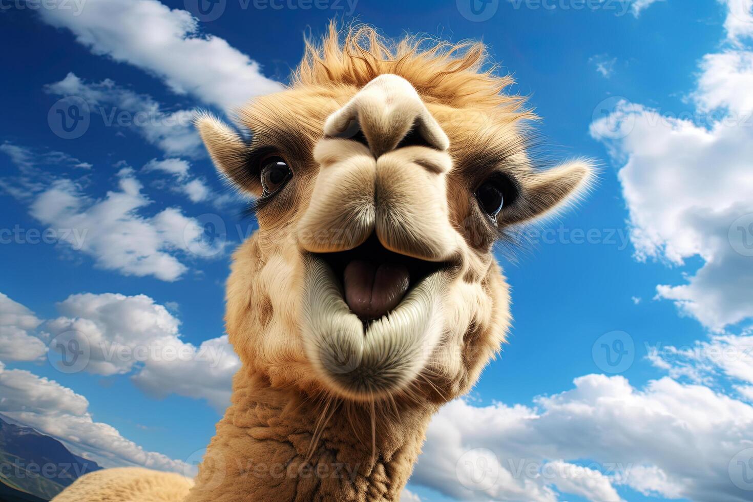 A llama is smiling and looking up at the camera photo