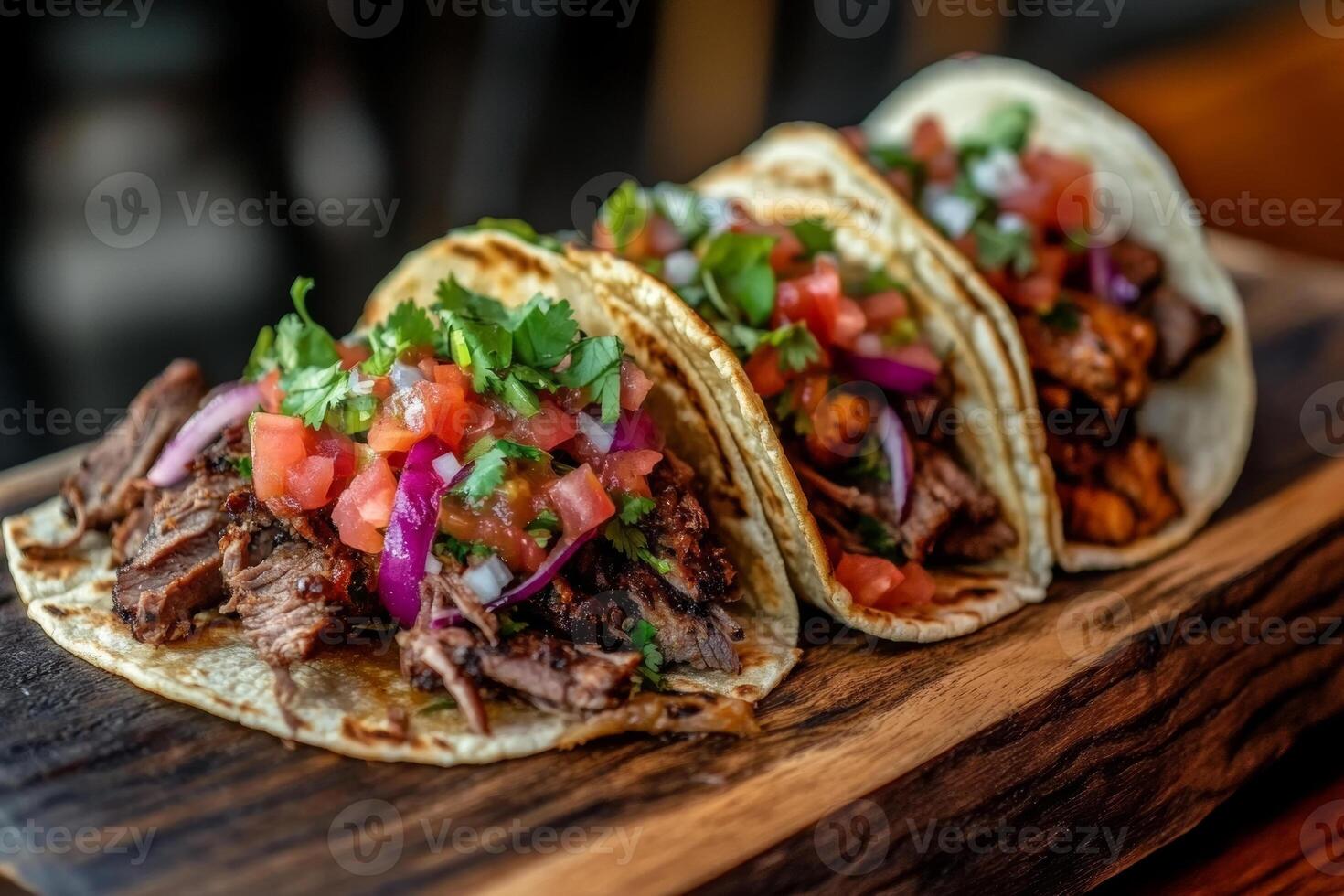 Delicious smoked meat tacos served on wooden platter, topped with fresh salsa, onions, and cilantro, showcasing vibrant colors and textures photo