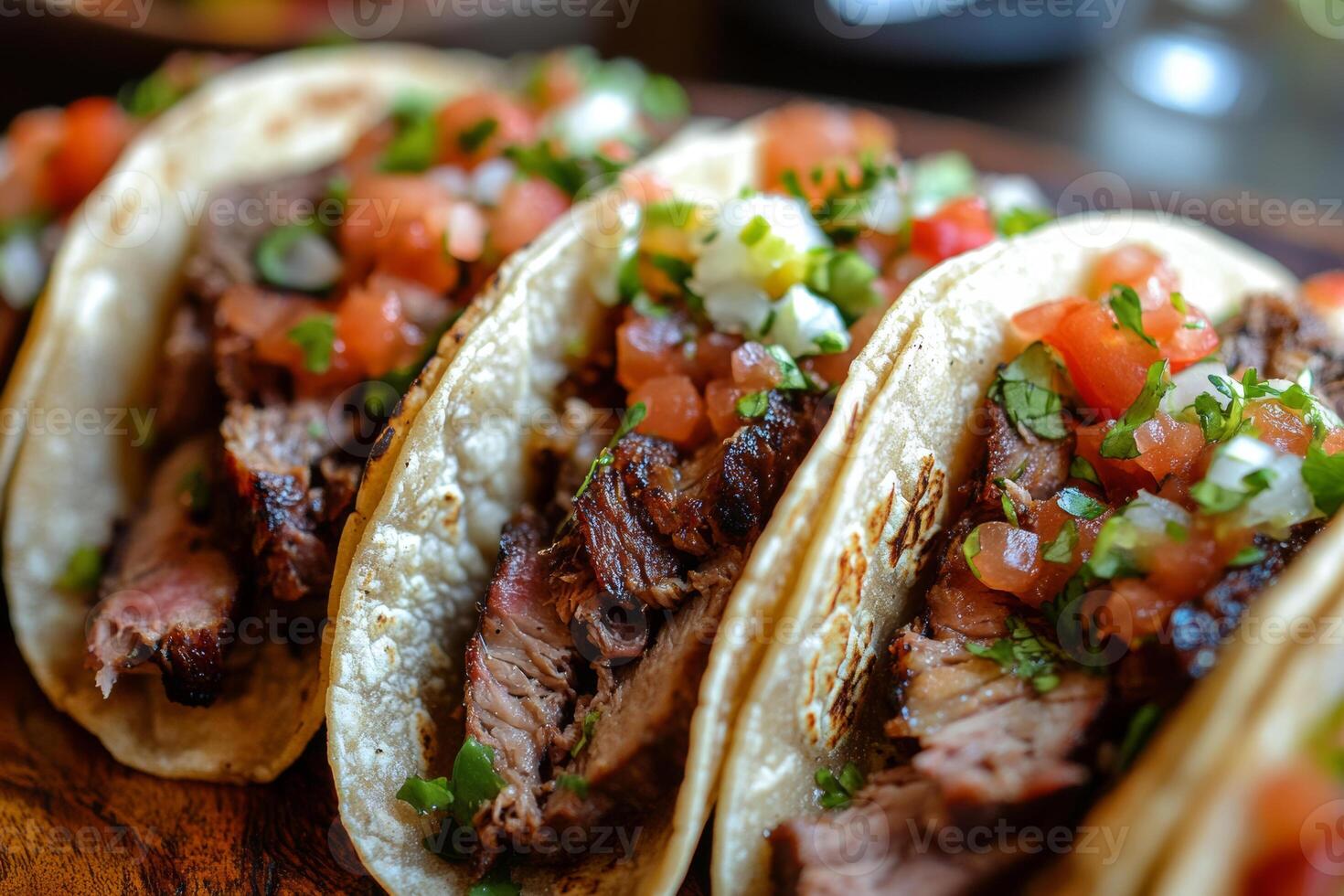 Delicious smoked meat tacos topped with fresh salsa and herbs, served in soft tortillas. perfect dish for food lovers seeking rich flavors and vibrant colors photo