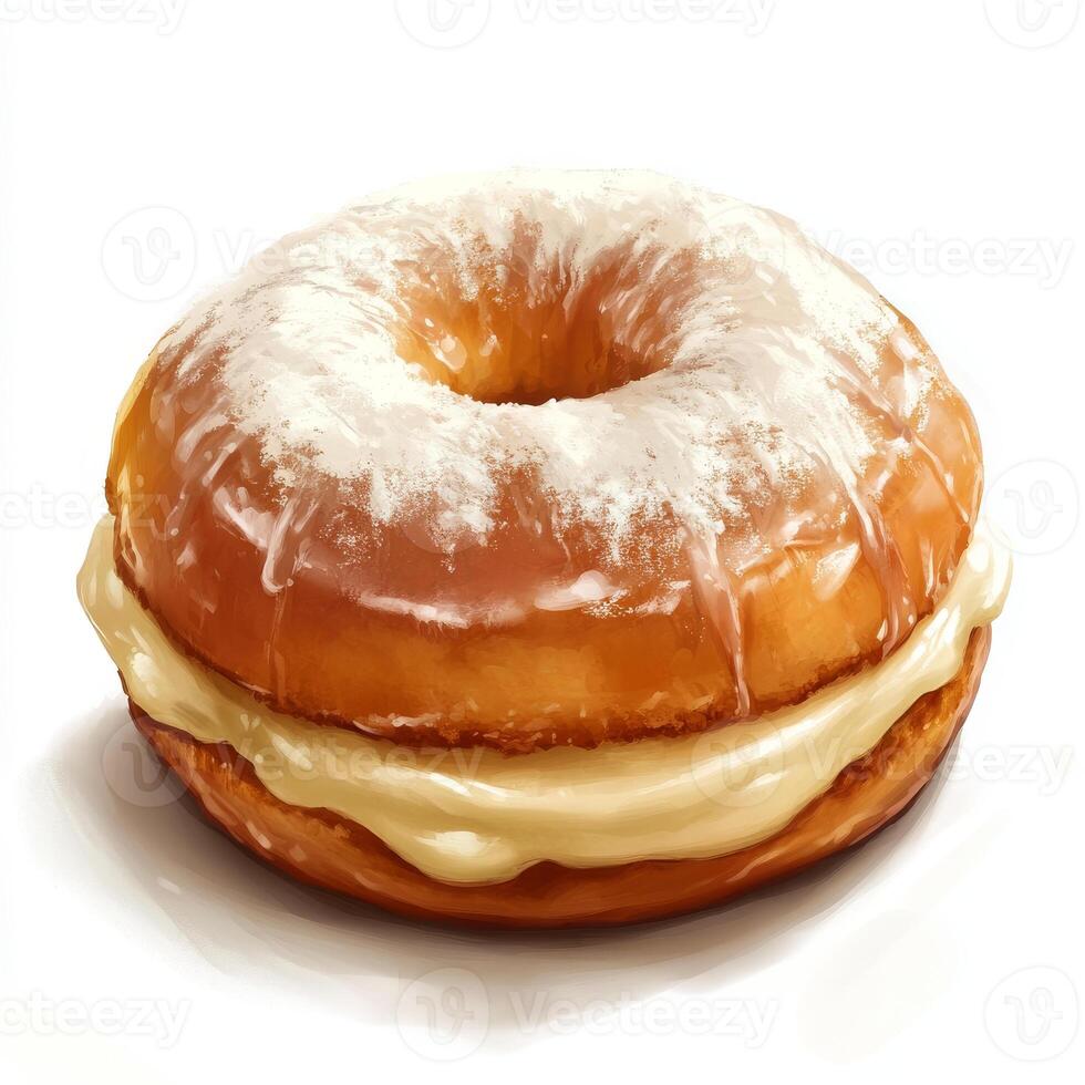 Delicious glazed donut with creamy filling, showcasing soft texture and sweet glaze, perfect for dessert lovers photo