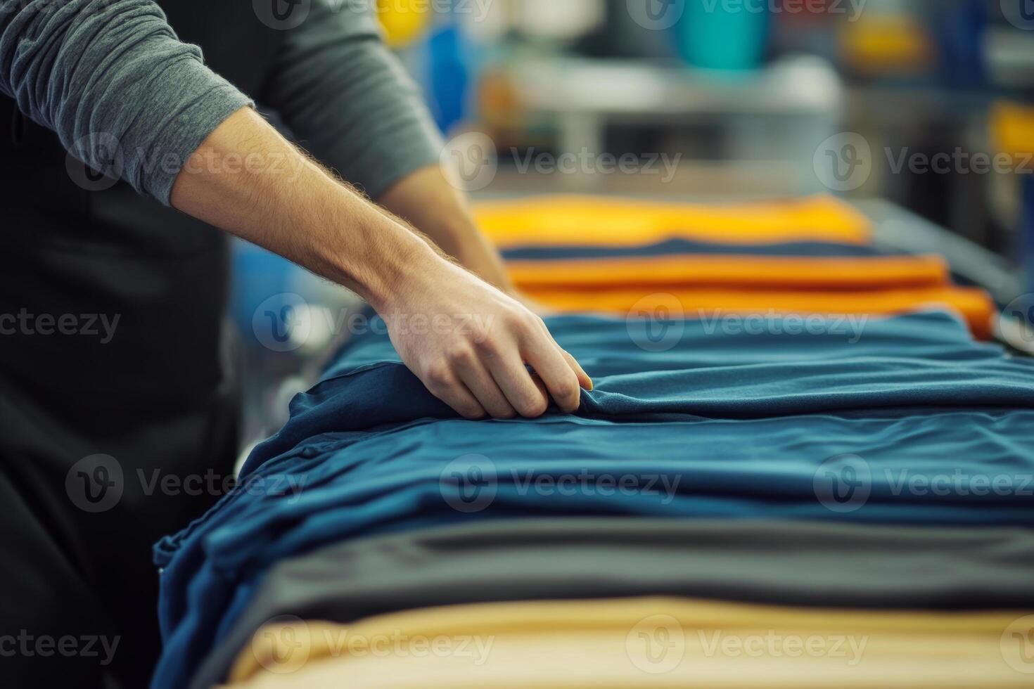 Folding clothes in dry cleaning facility, showcasing organized garments. focus is on hands carefully arranging fabric, highlighting attention to detail and professionalism photo