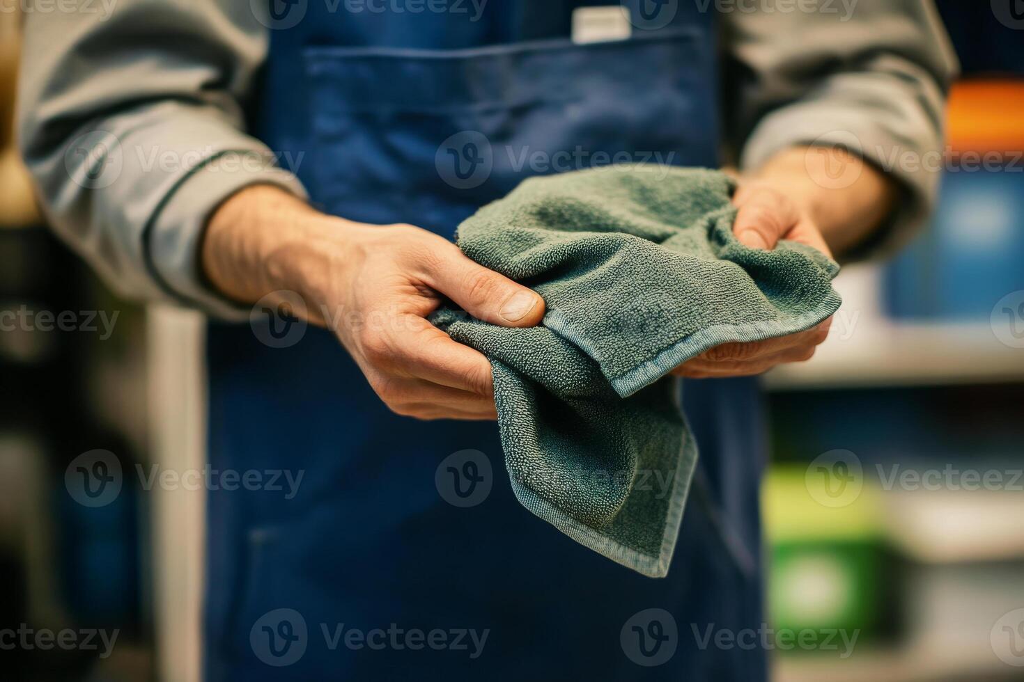 person holding green cloth in professional setting, showcasing attention to detail and care in their work. image conveys sense of cleanliness and professionalism photo
