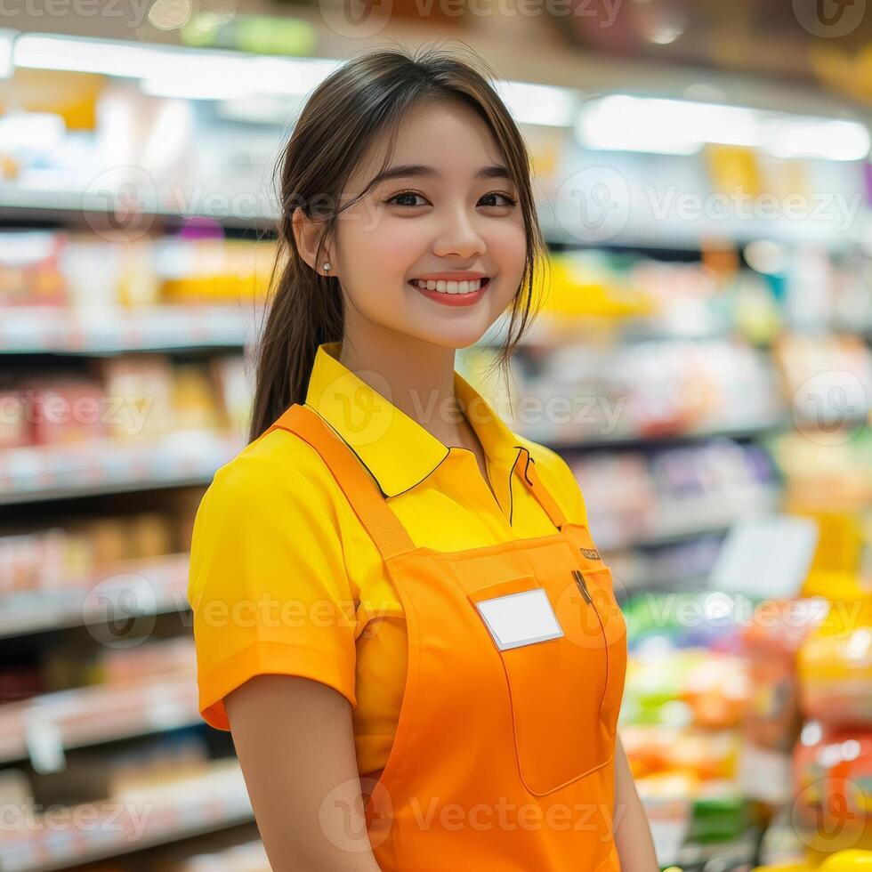 Smiling girl in orange uniform at supermarket, showcasing friendly service and vibrant atmosphere. Brightly lit shelves filled with products create welcoming shopping experience photo