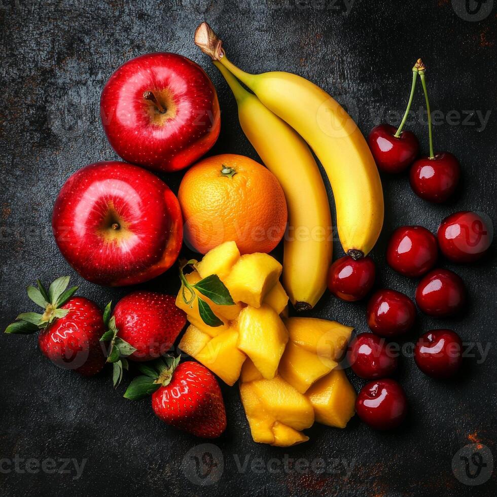 Fresh red apples, bananas, cherries, strawberries, and mangoes create vibrant fruit arrangement. This colorful display evokes sense of health and vitality photo