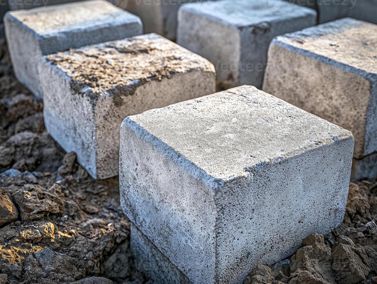 Concrete Blocks Arranged On Ground During Construction photo