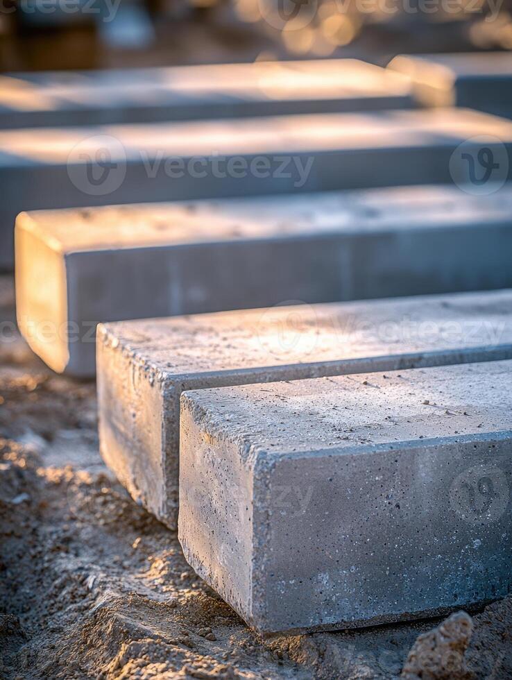 Concrete Blocks Resting On Sandy Ground During Construction photo