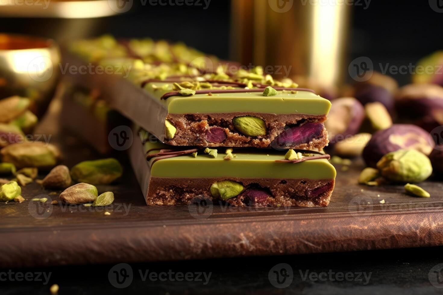 Dubai Chocolate bar with green kadayif and pistachio spread with pistachio nuts. photo