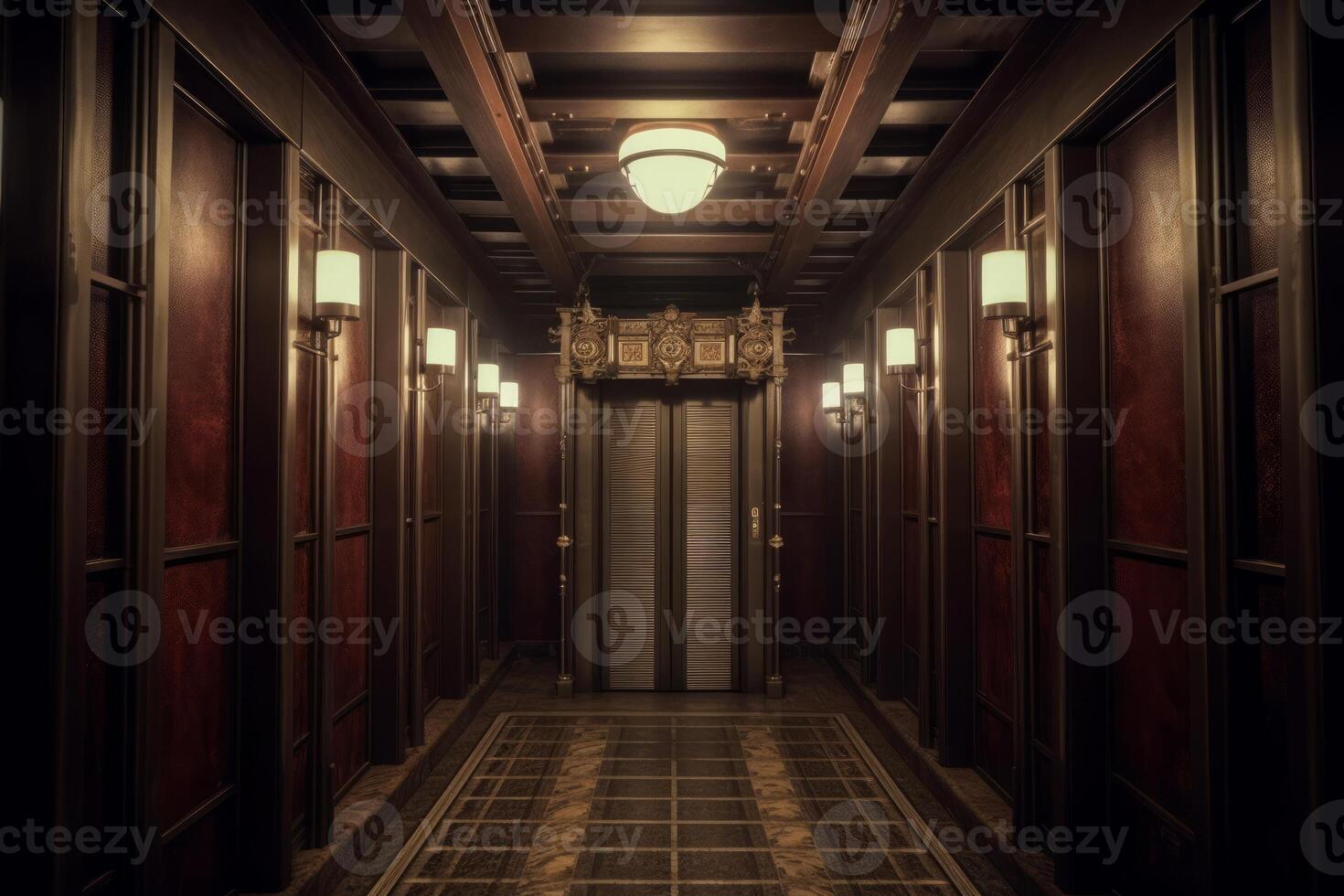 Elegant bronze elevator doors with intricate metalwork and art deco patterns. photo