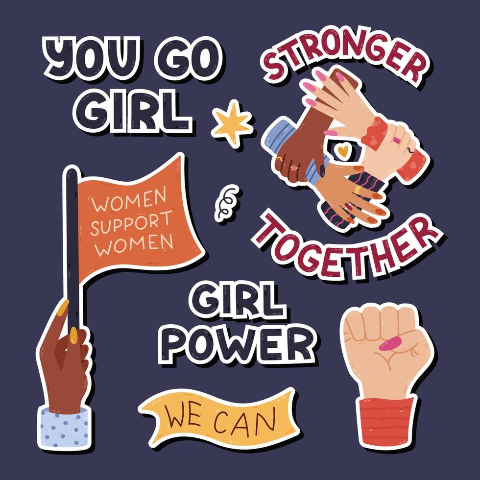 Lovely cartoon feminism movement sticker set for planners, notebooks. Ready for print list of cute Women International Day badges with girl arms in different poses, women strength lettering. vector