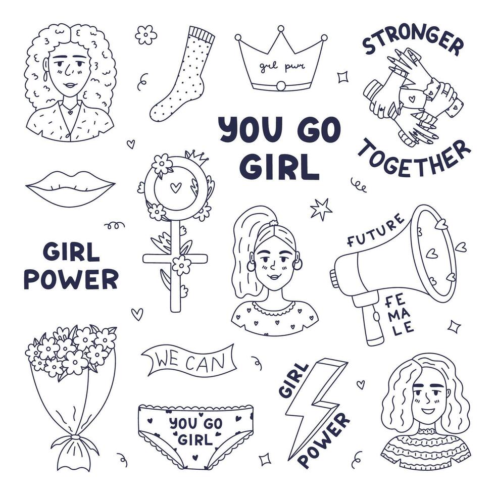 Lovely sketch sticker set for feminism movement, women rights, equality, gender solidarity. Cute hand drawn line collection for social media, poster design with trendy doodle of Girl Power. vector