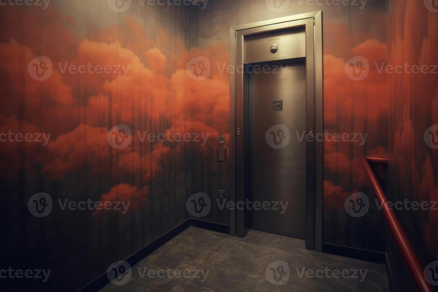 A modern apartment building elevator lobby featuring. The wall design and warm lighting create an inviting and upscale atmosphere. photo