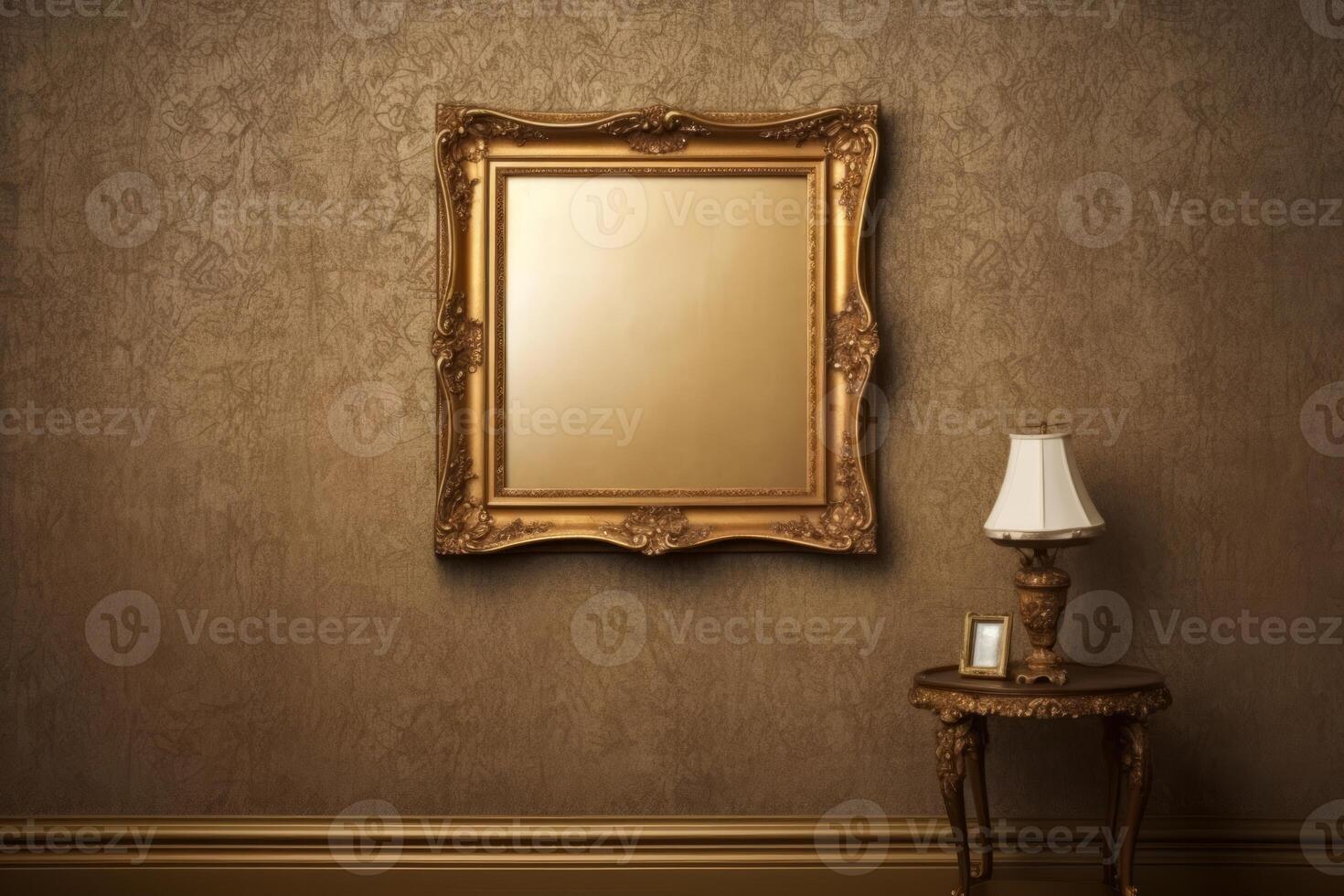 Mockup blank space in classic gold wooden square louise style frame hanging isolated on luxury backgrounds. Empty single vintage golden square frame in room. Lamp on the table. photo