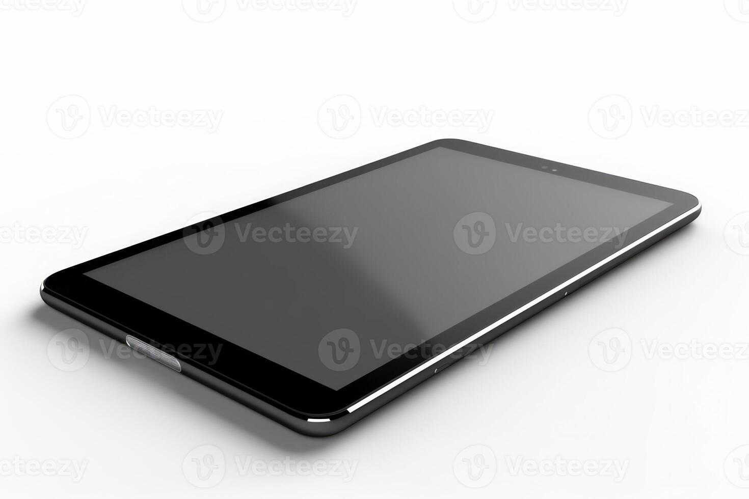 New version of premium tablet in trendy thin frame design. Empty black screen tablet computer isolated on white background. photo