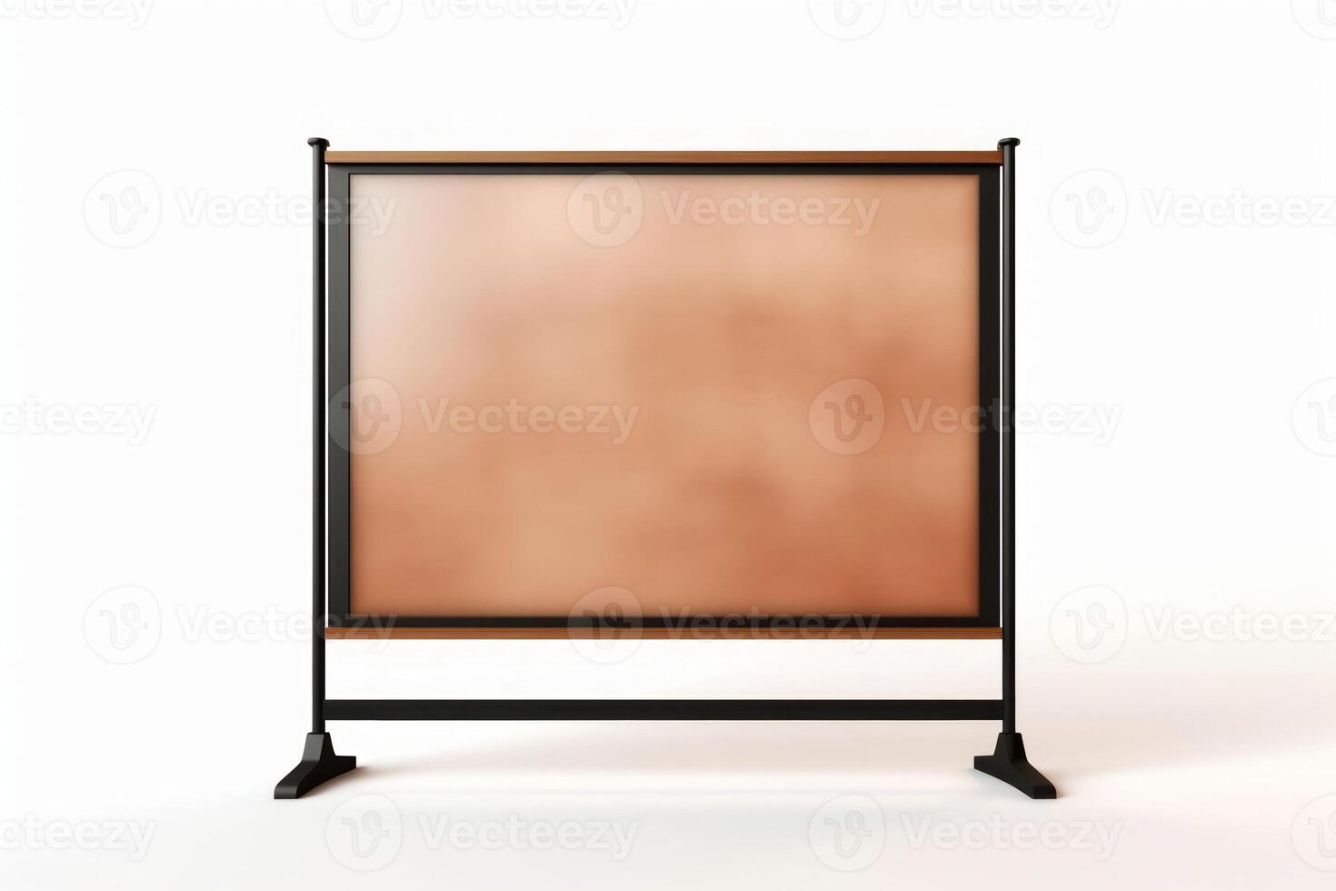 Brown empty board with legs. Notice or advertisement board isolated on white background. photo