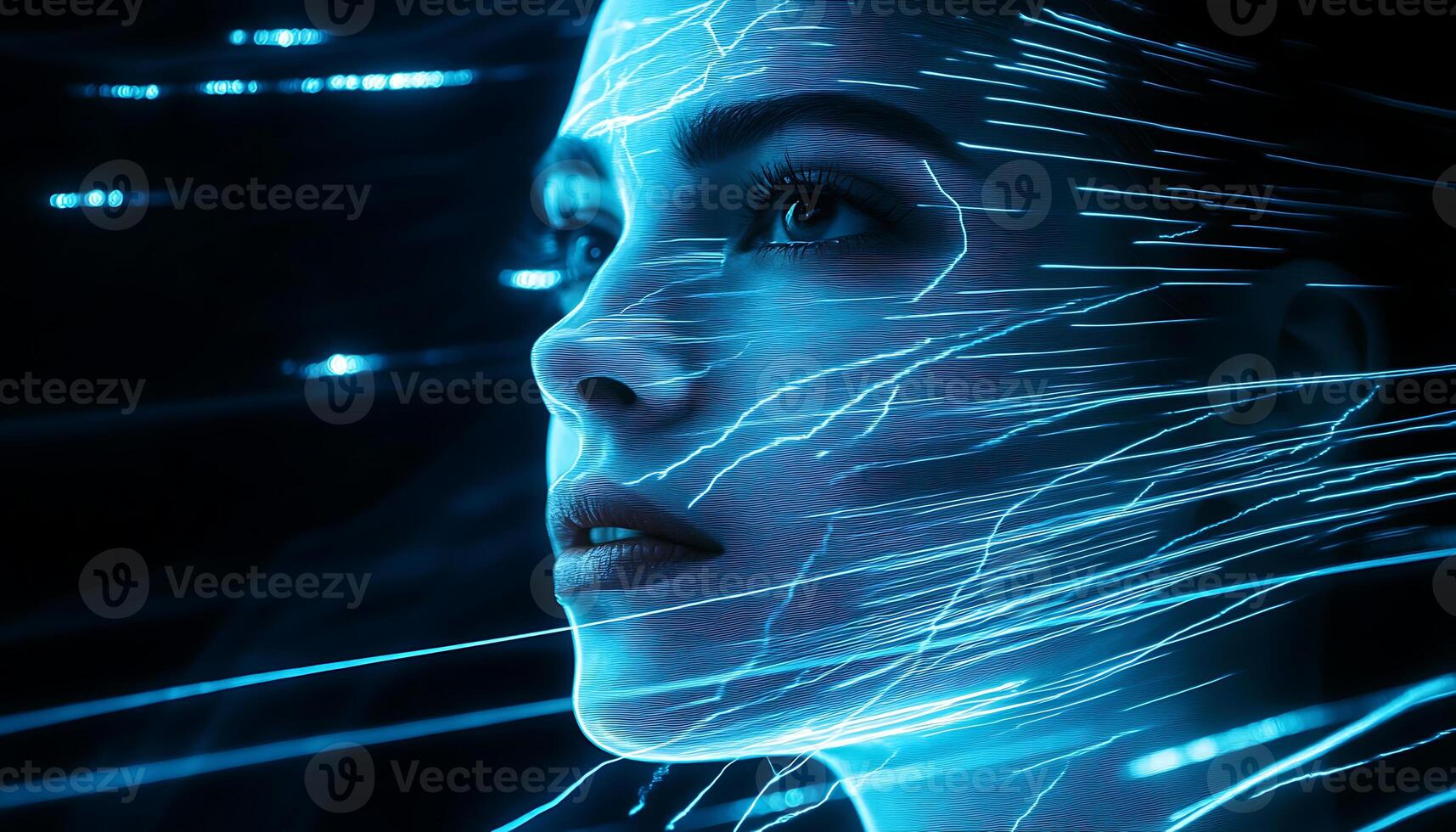 Glowing blue light streaks on a black background evoke a sense of futuristic technology. photo