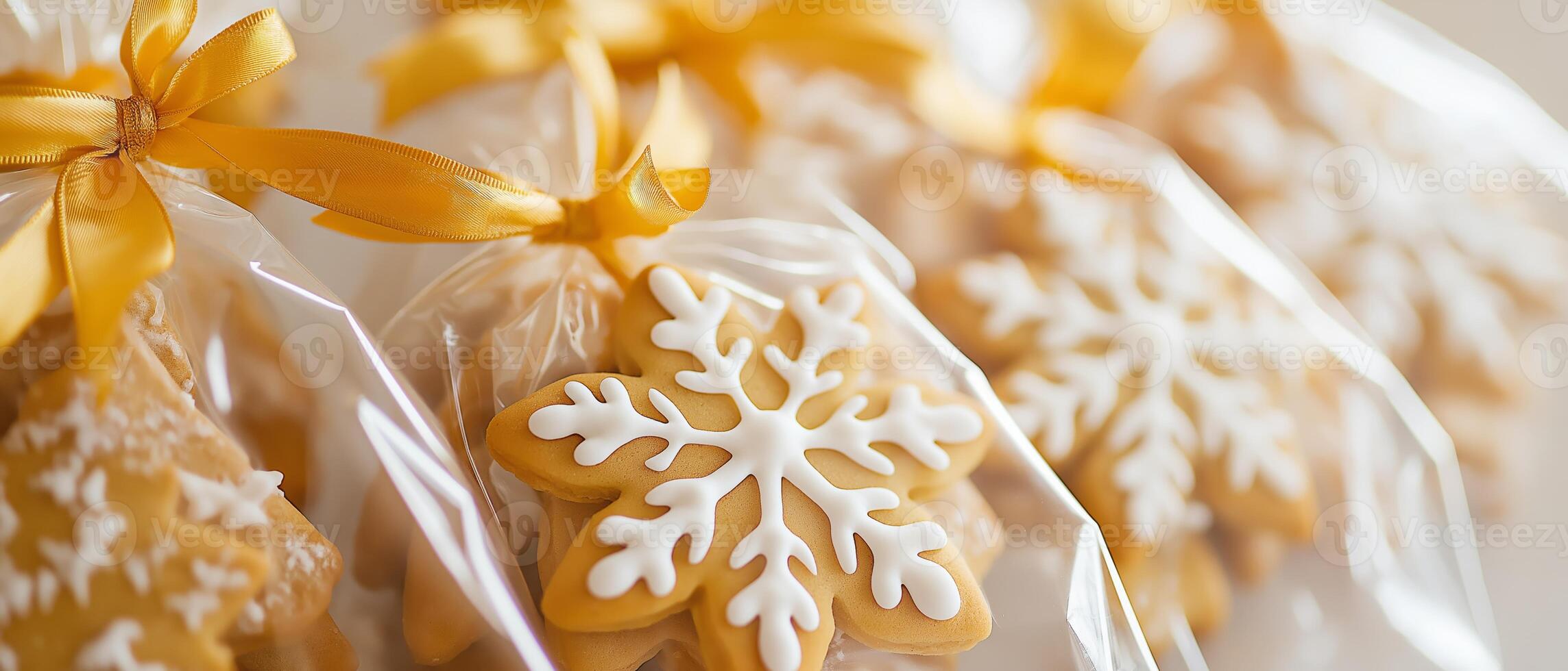 Several gingerbread cookies are wrapped in clear bags photo