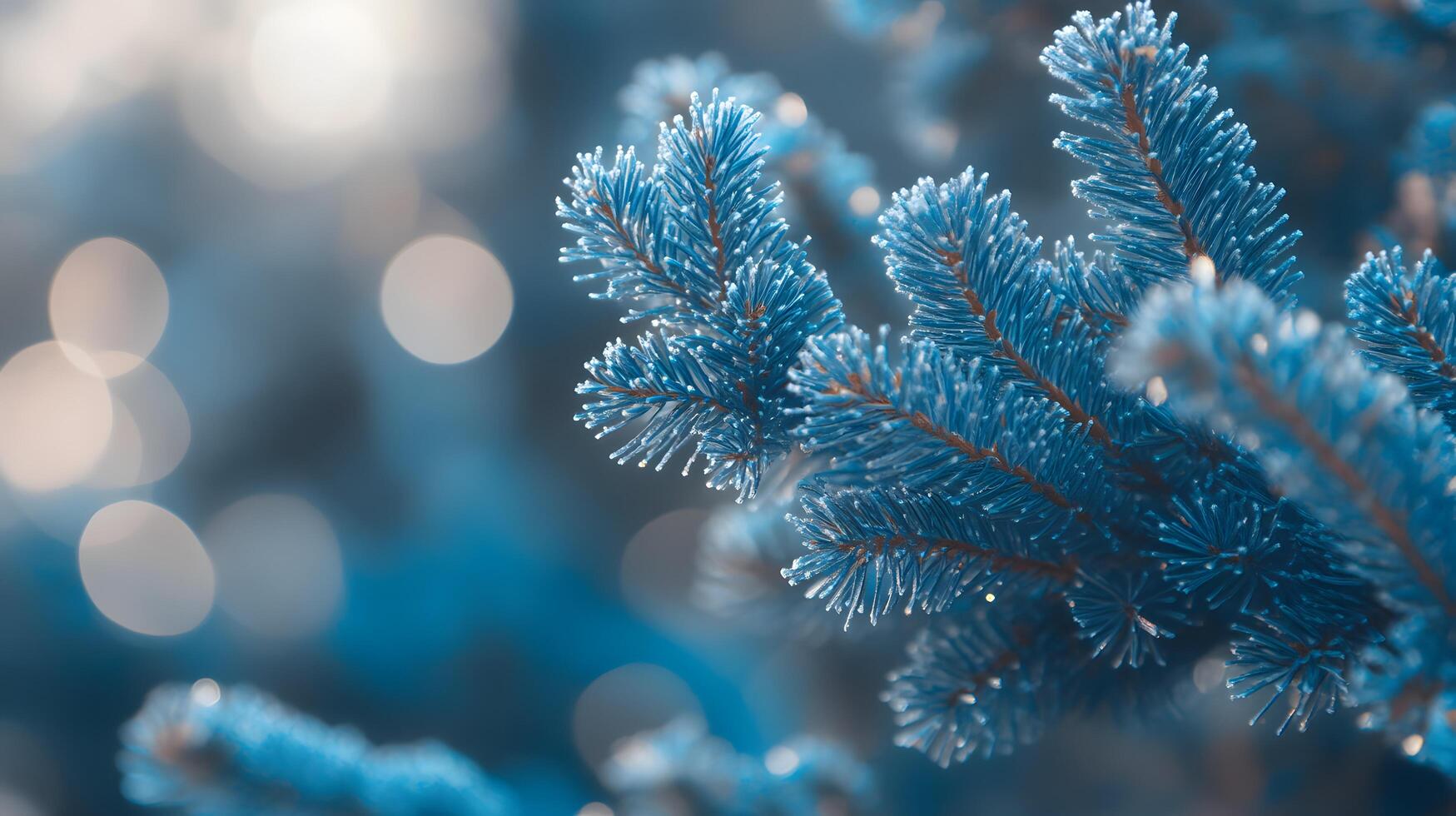 Frosty blue spruce branch, winter forest bokeh, holiday card photo