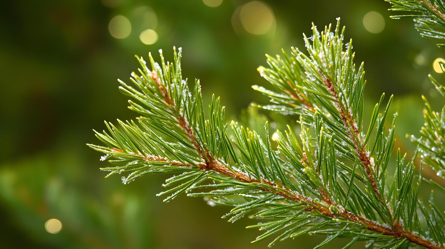 Frosted pine branch, forest bokeh, winter, nature, card photo