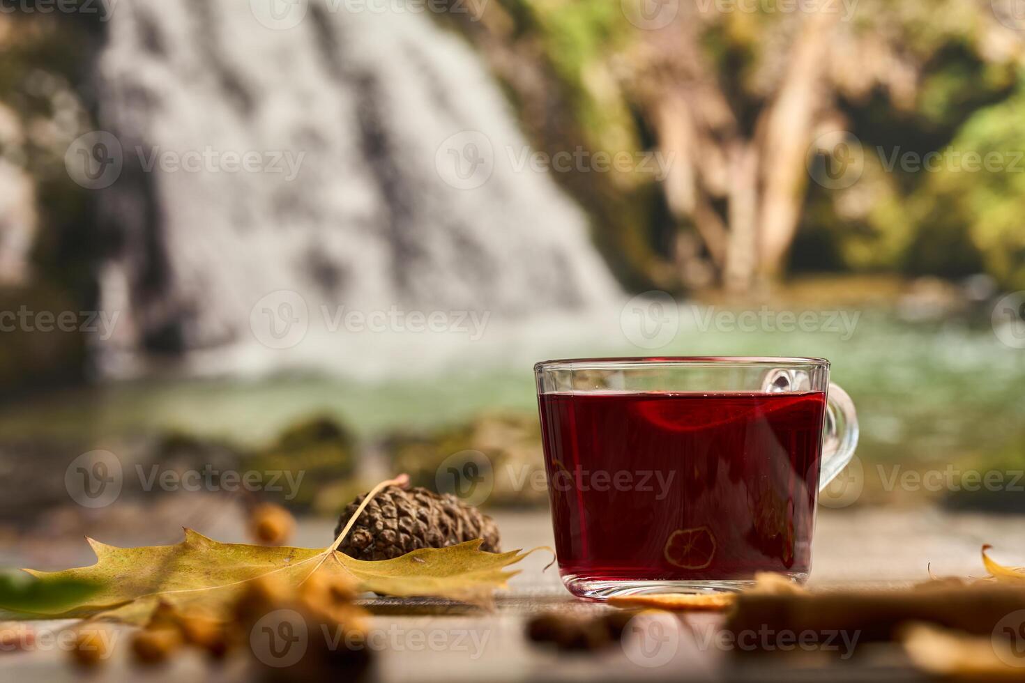 A glass of tea with autumn leaves and a waterfall in the background photo