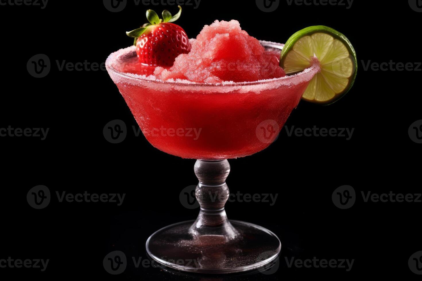 Mixed cocktails, party punch smoothies and frozen summer drinks concept with strawberry mojito or daiquiri in margarita glasses and fruits. Isolated on black. photo