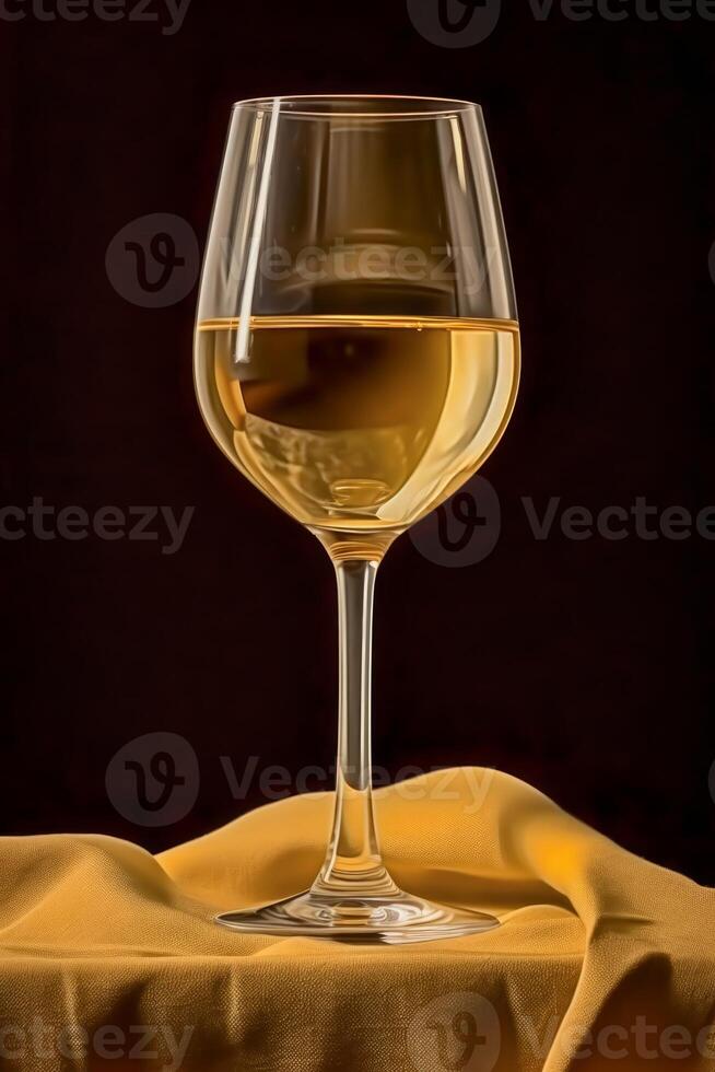 Glass with white wine on the table with drapery. Bar theme. Alcoholic drink. 3d rendering. Black background. photo