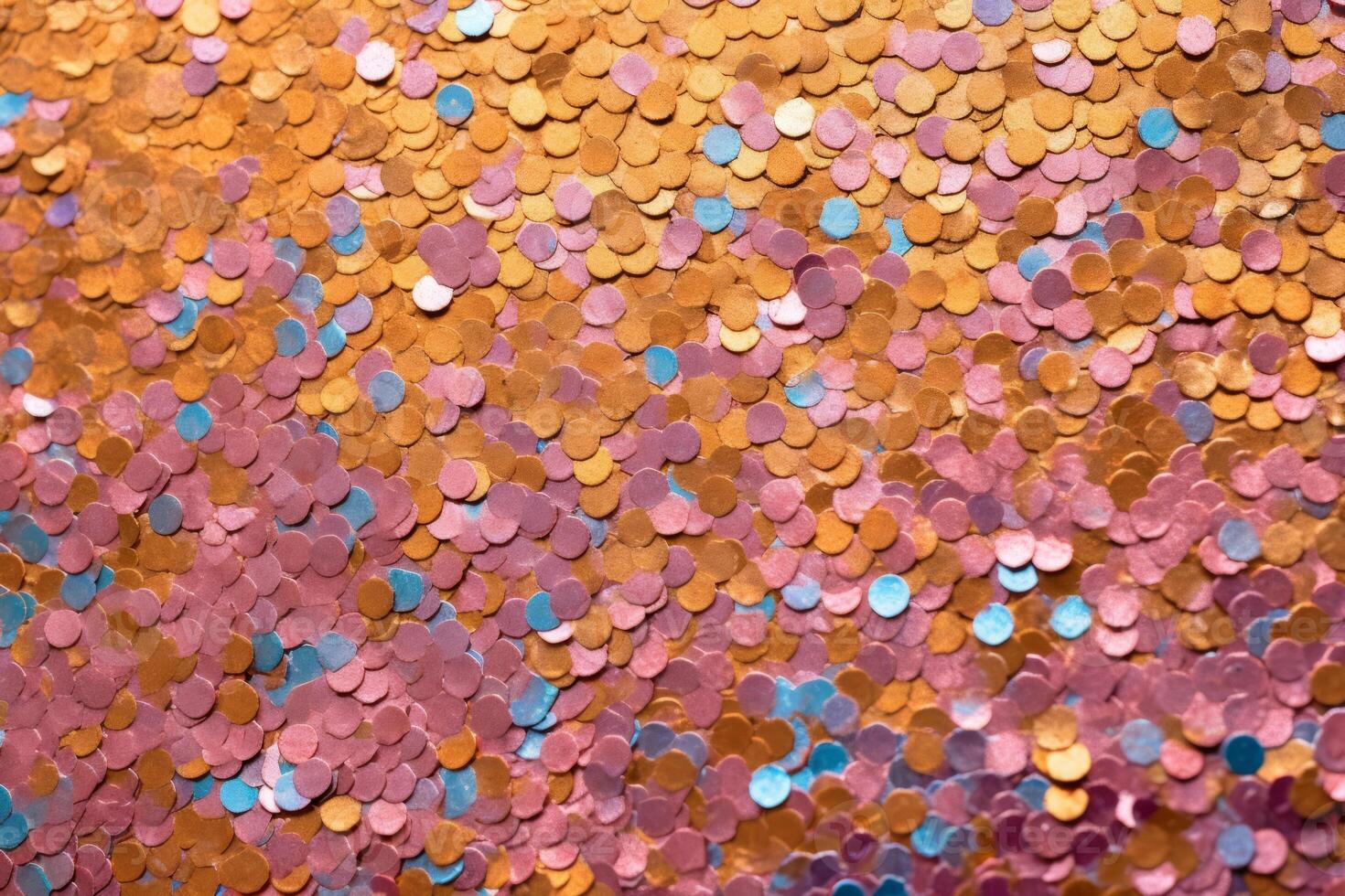 Rose gold confetti circle decoration for Christmas card background. Holiday decor. Gold, pink and rose color round confetti dots, circles chaotic scatter. photo