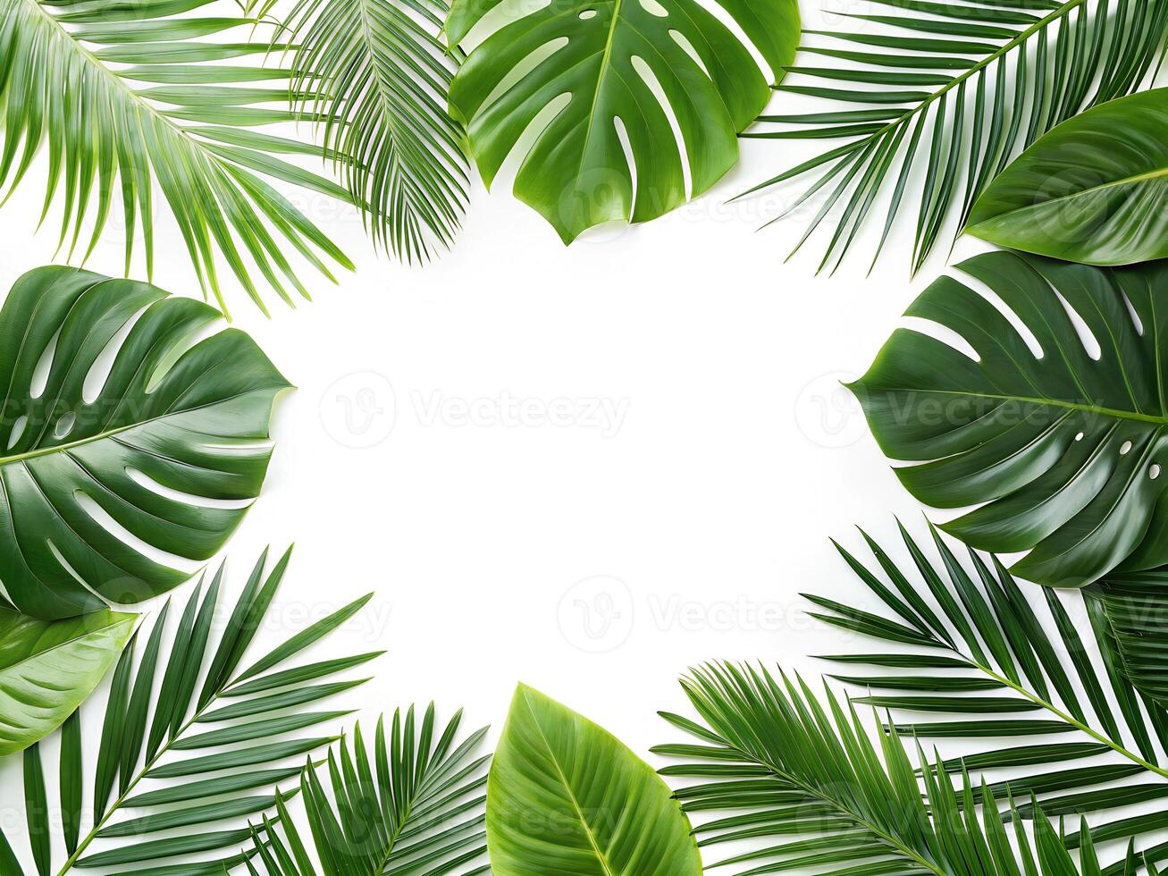 tropical palm leaves frame on white background photo