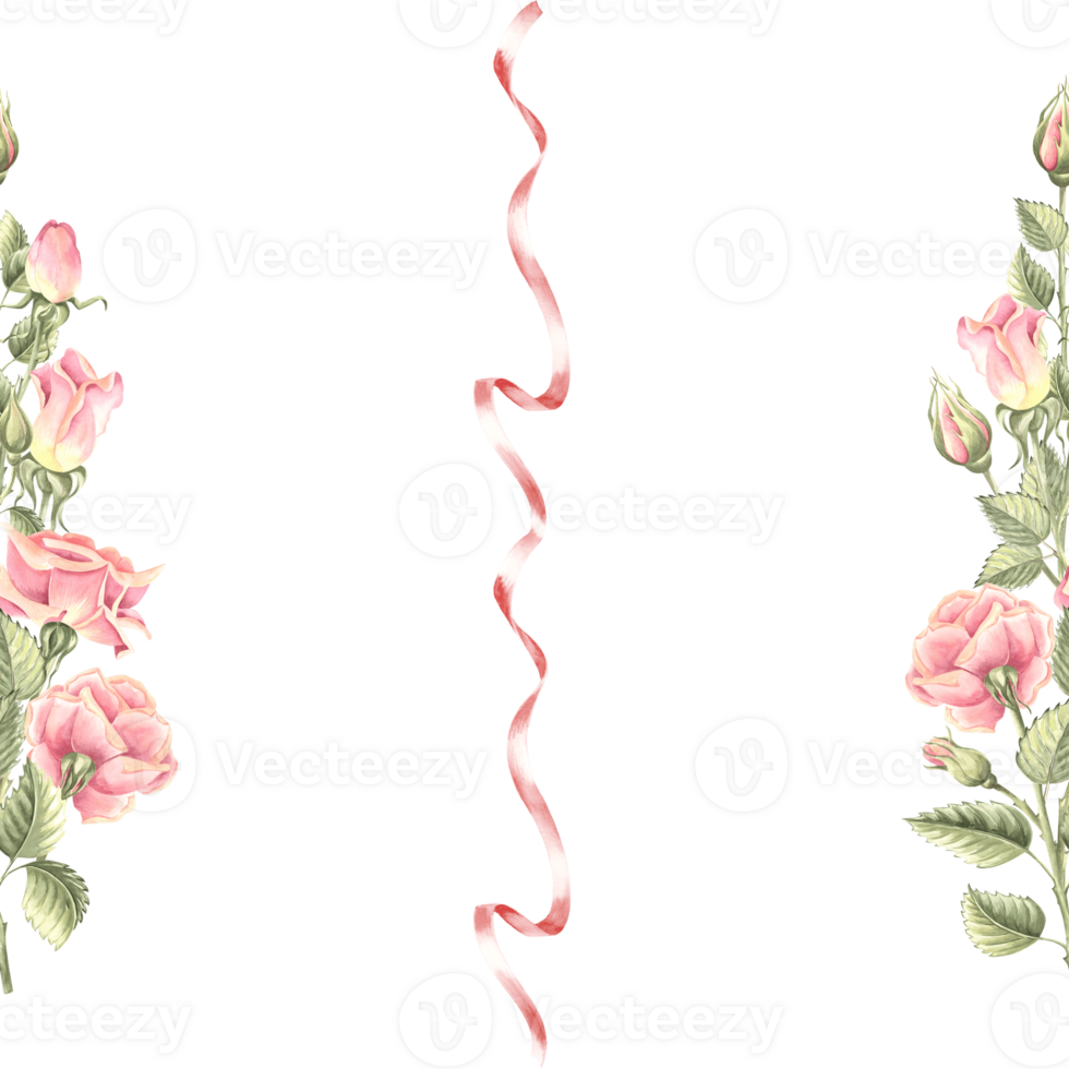 Flowers of roses with leaves and ribbons. Seamless pattern. Hand drawn watercolor illustration. Spring bloosom. Floral ornament from garden plants. Template for wallpaper, textile, packaging, cover. png