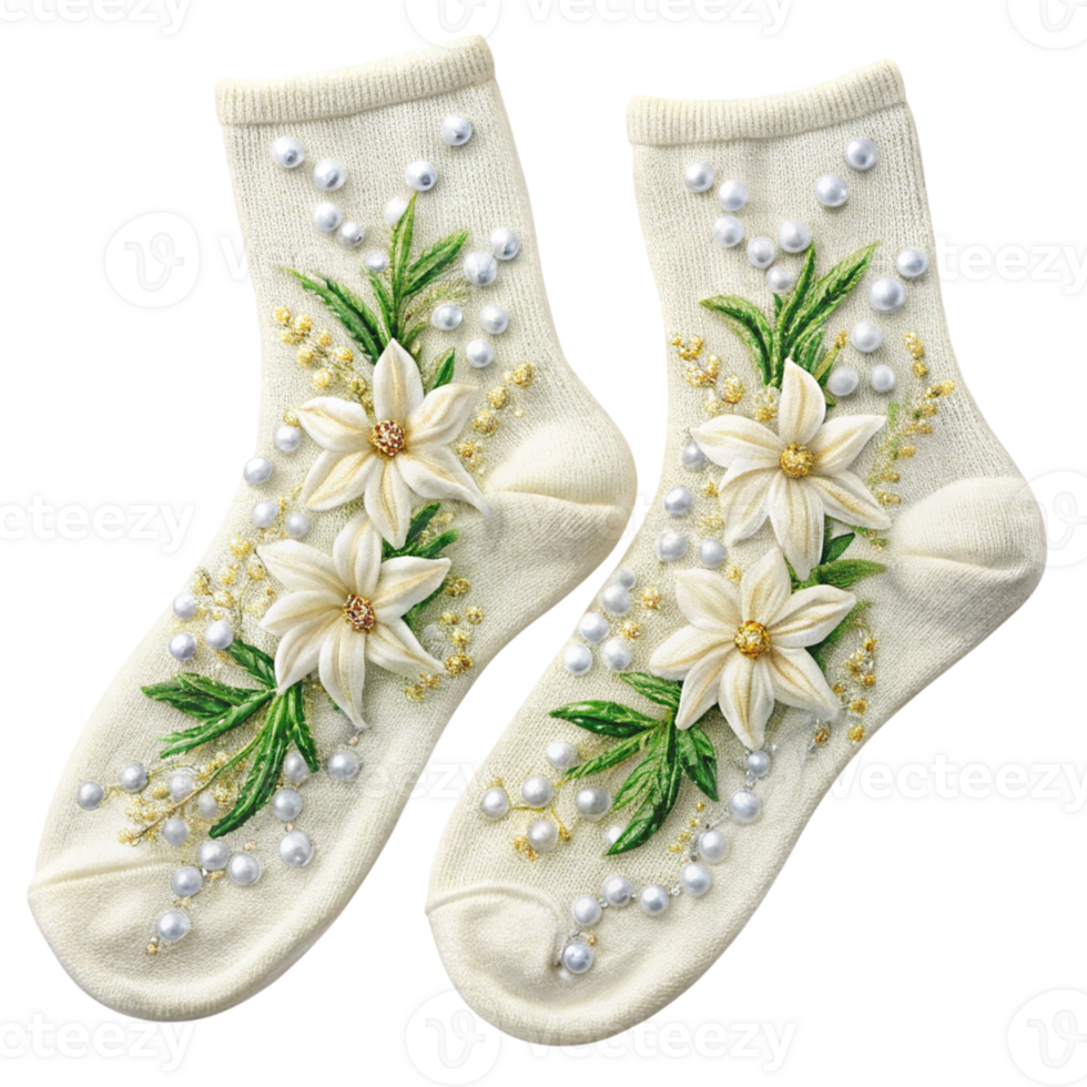 A pair of white socks with flowers and pearls png