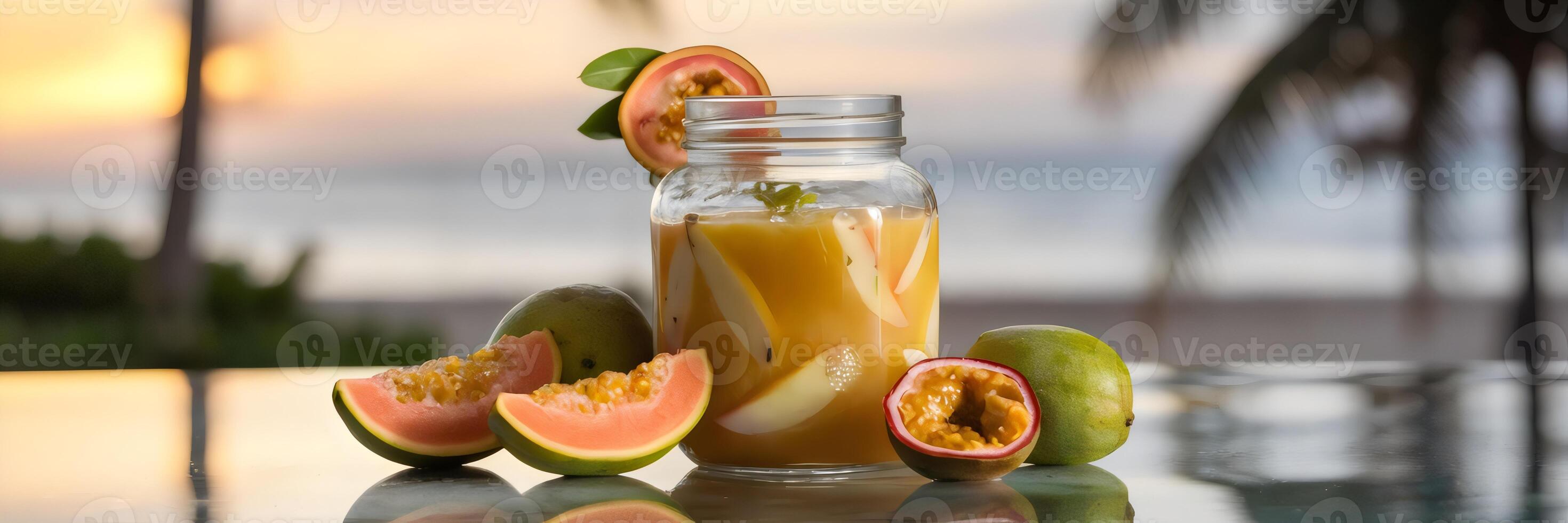 Tropical guava and passion fruit juice in glass jar with sunset beach and palm trees photo